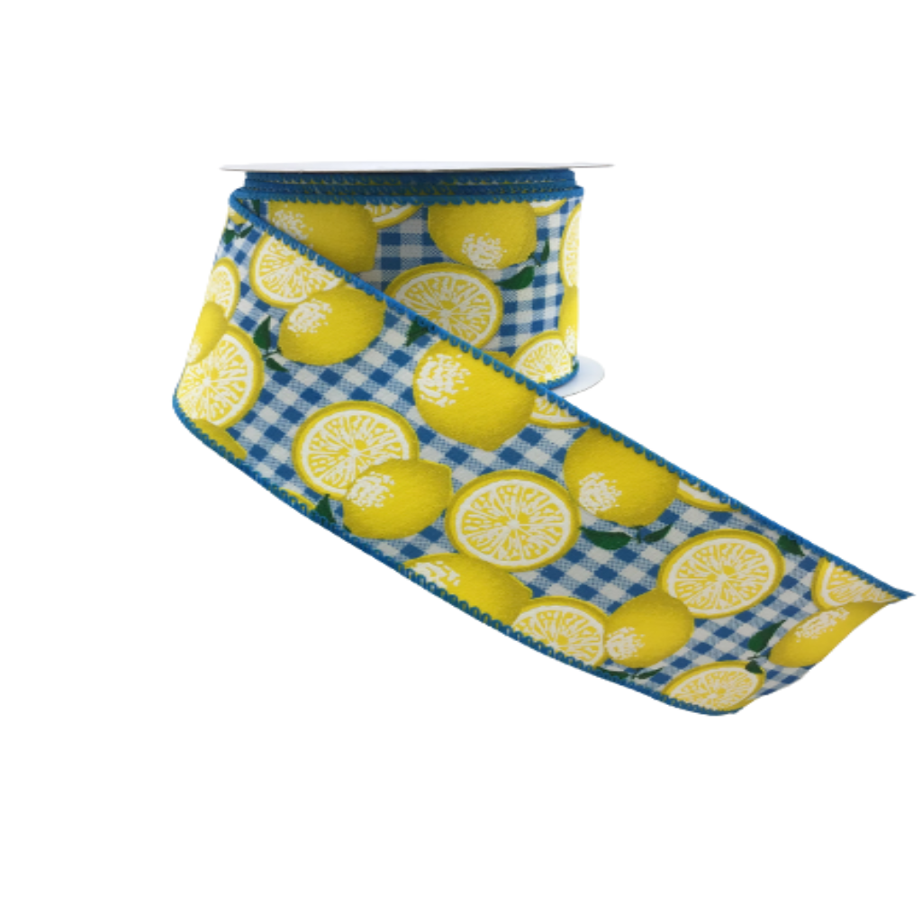 2.5 Inch By 10 Yards Light Blue And White Gingham With Lemon Ribbon