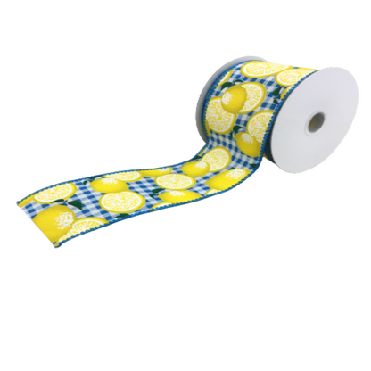 2.5 Inch By 10 Yards Light Blue And White Gingham With Lemon Ribbon