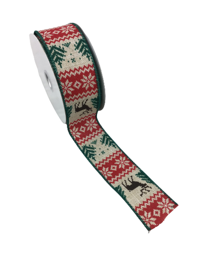 1.5 Inch By 10 Yards Red Green With Reindeer Ribbon