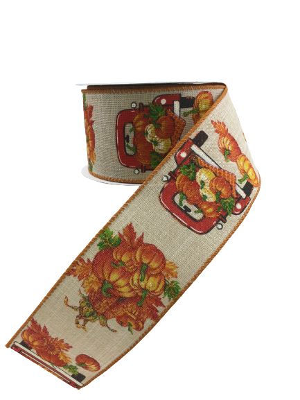 2.5 Inch Natural Ribbon With Pumpkins And Red Trucks