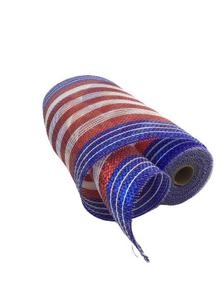 10.25 Inch by 10 Yard Red White And Blue Striped Metallic Netting