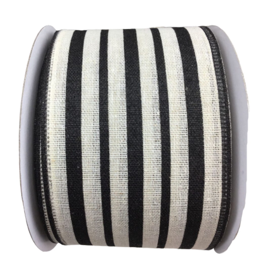 2.5 In By 10 Yard Ivory Canvas Black Vertical Stripe Ribbon