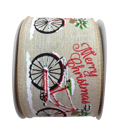 Light Natural Linen Ribbon With Christmas Bicycle 2.5 Inch 10 Yard Roll