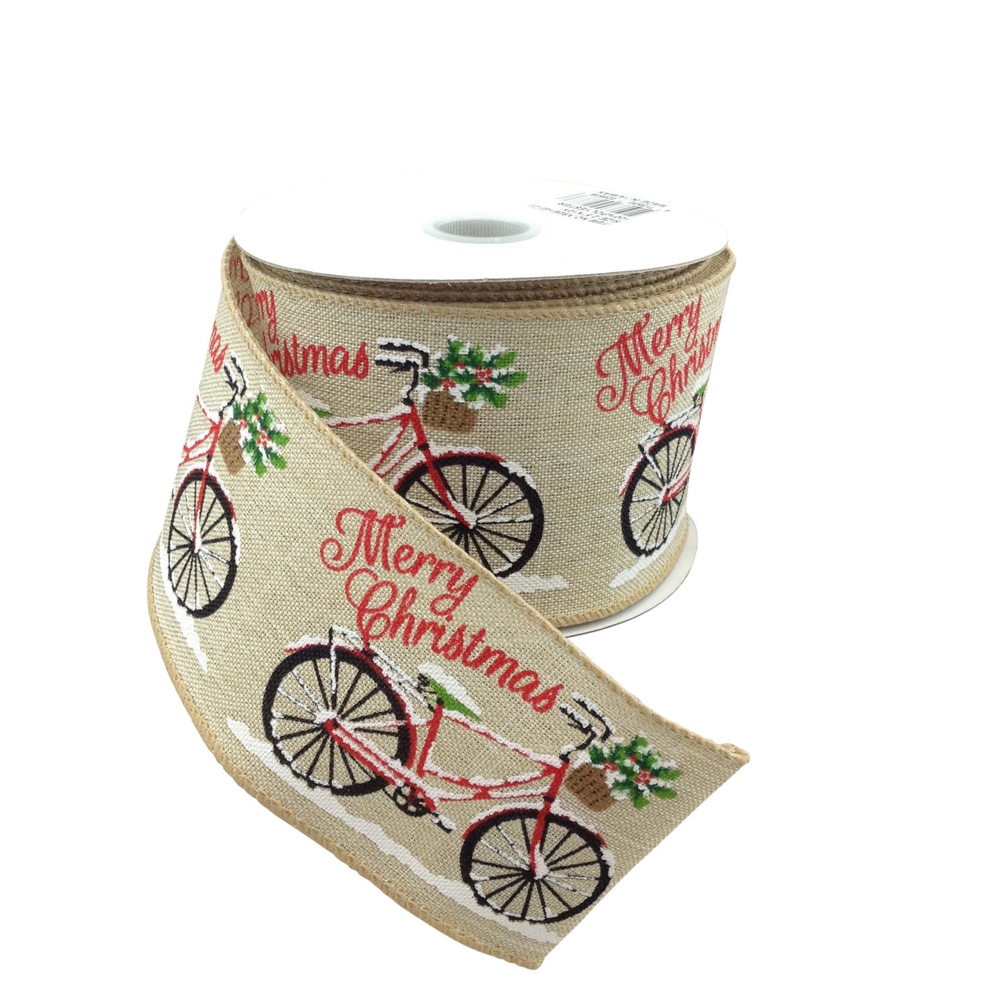 Light Natural Linen Ribbon With Christmas Bicycle 2.5 Inch 10 Yard Roll