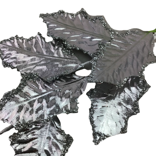 26 Inch Metallic Silver Foil Holly Leaf Spray