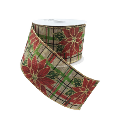 Christmas Plaid With Red Poinsettia 2.5 Inch Wired Ribbon