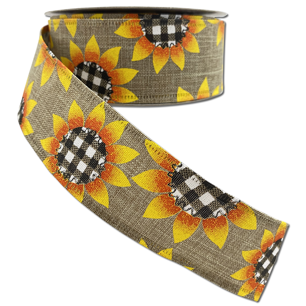 Natural Linen with Buffalo Plaid Sunflowers 1.5 Inch By 10 Yard Ribbon