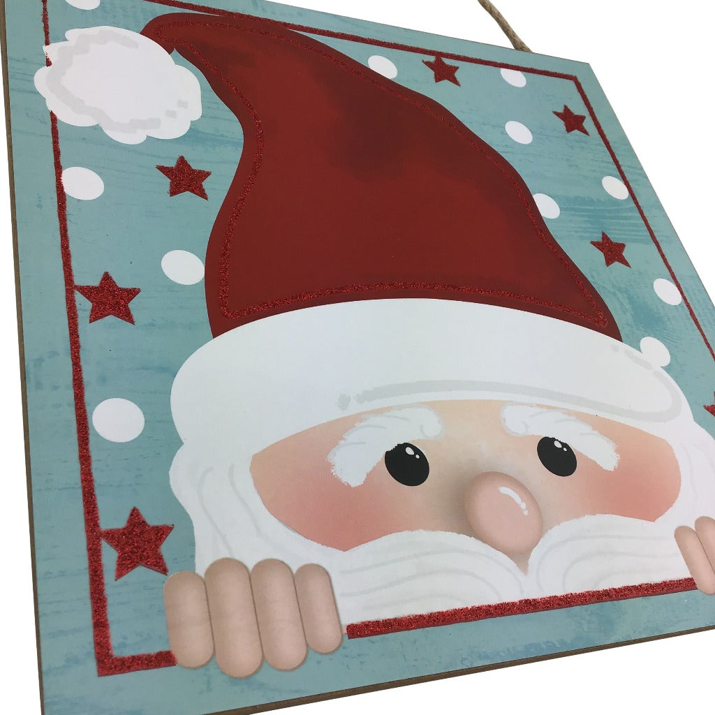 10 Inch Light Blue And Red Peeking Santa Face Square Wooden Sign