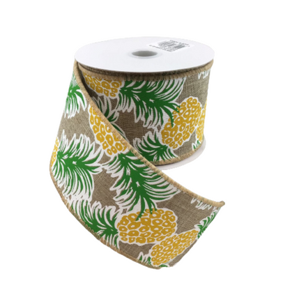 2.5 Inch By 10 Yard Natural Linen Tropical Pineapples Ribbon