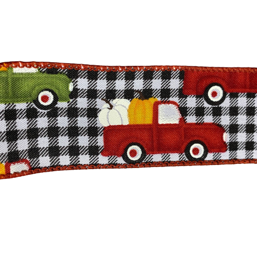 1.5 Inch Ribbon With Black And white Buffalo Plaid With Red Truck And Pumpkins