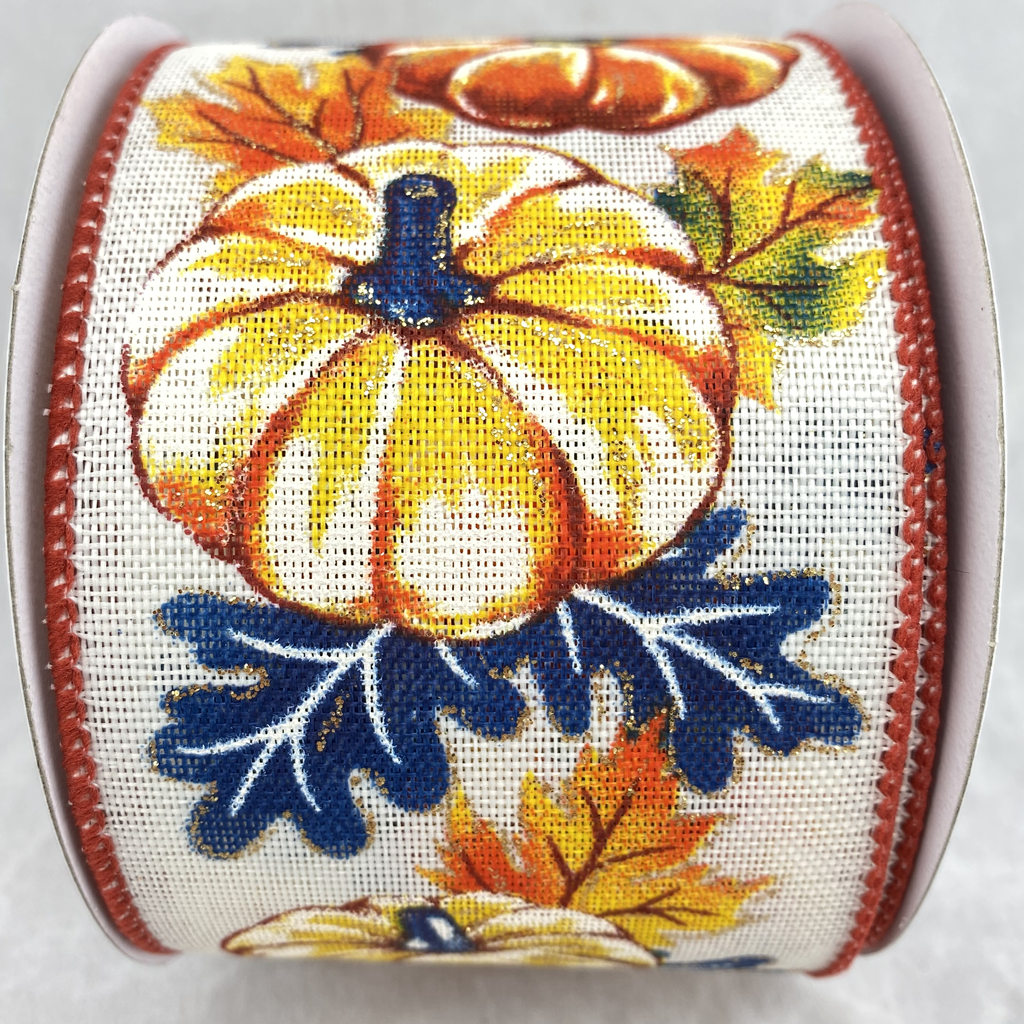 Pumpkins With Blue Leaves 2.5 Inch By 10 Yard Ribbon
