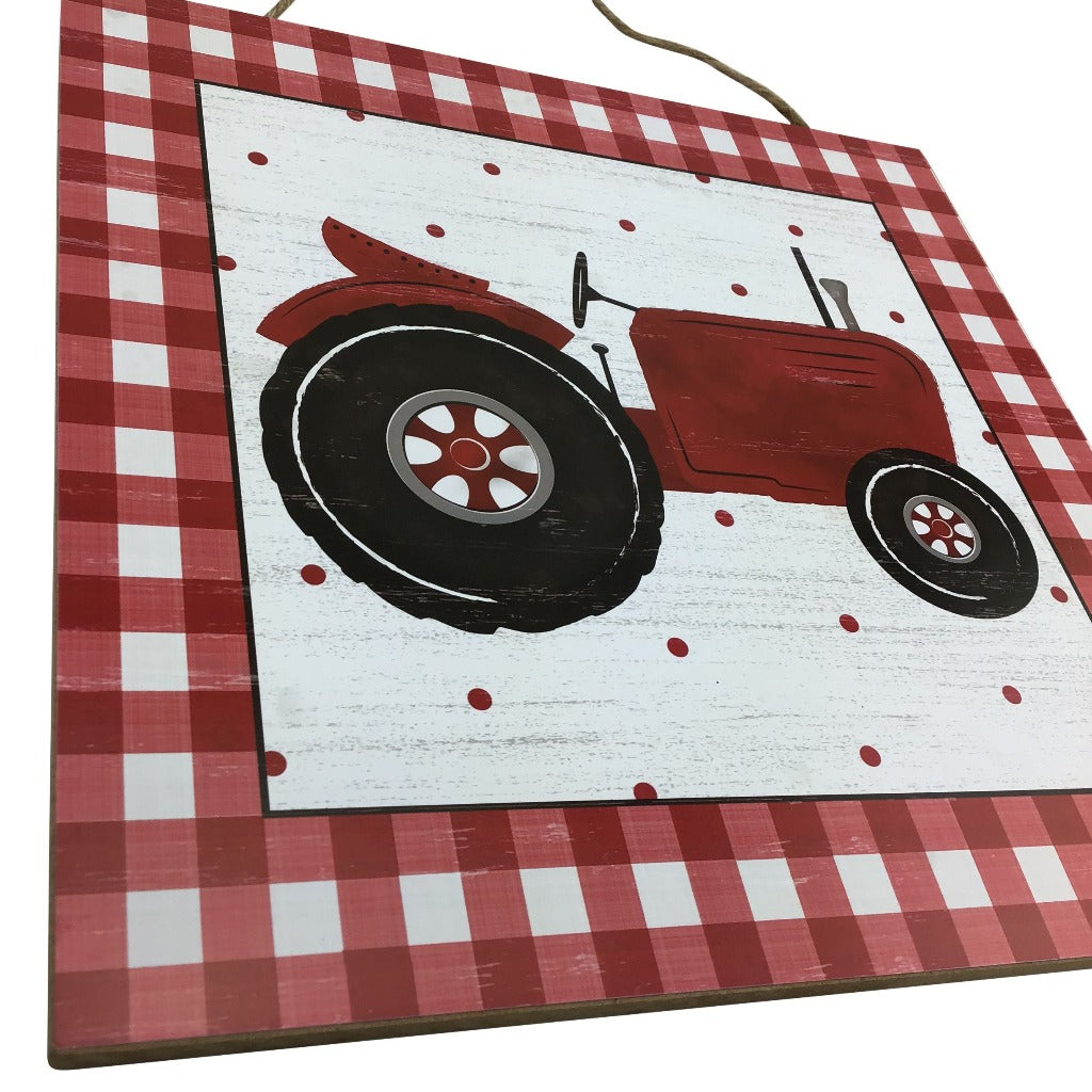 12 Inch Red Gingham Tractor Square Wooden Sign