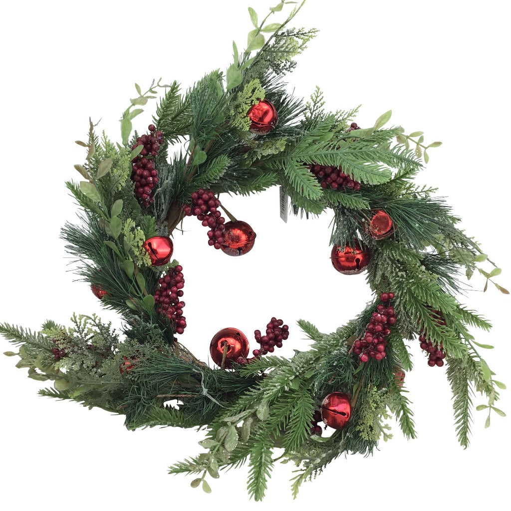 Berry, Pine, and Jingle Bells Wreath - 24 Inch