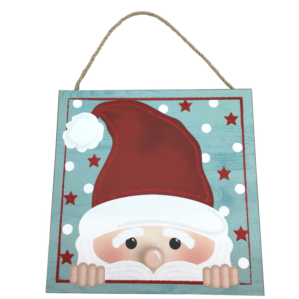 10 Inch Light Blue And Red Peeking Santa Face Square Wooden Sign