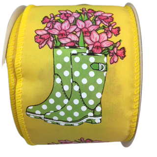 2.5 Inch X 10 Yard Yellow Satin With Rain Boots And Pink Daffodils