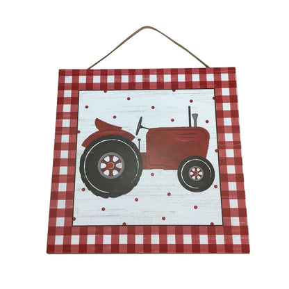 12 Inch Red Gingham Tractor Square Wooden Sign