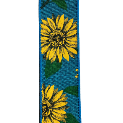 1.5 Inch Turquoise Ribbon With Yellow Sunflowers