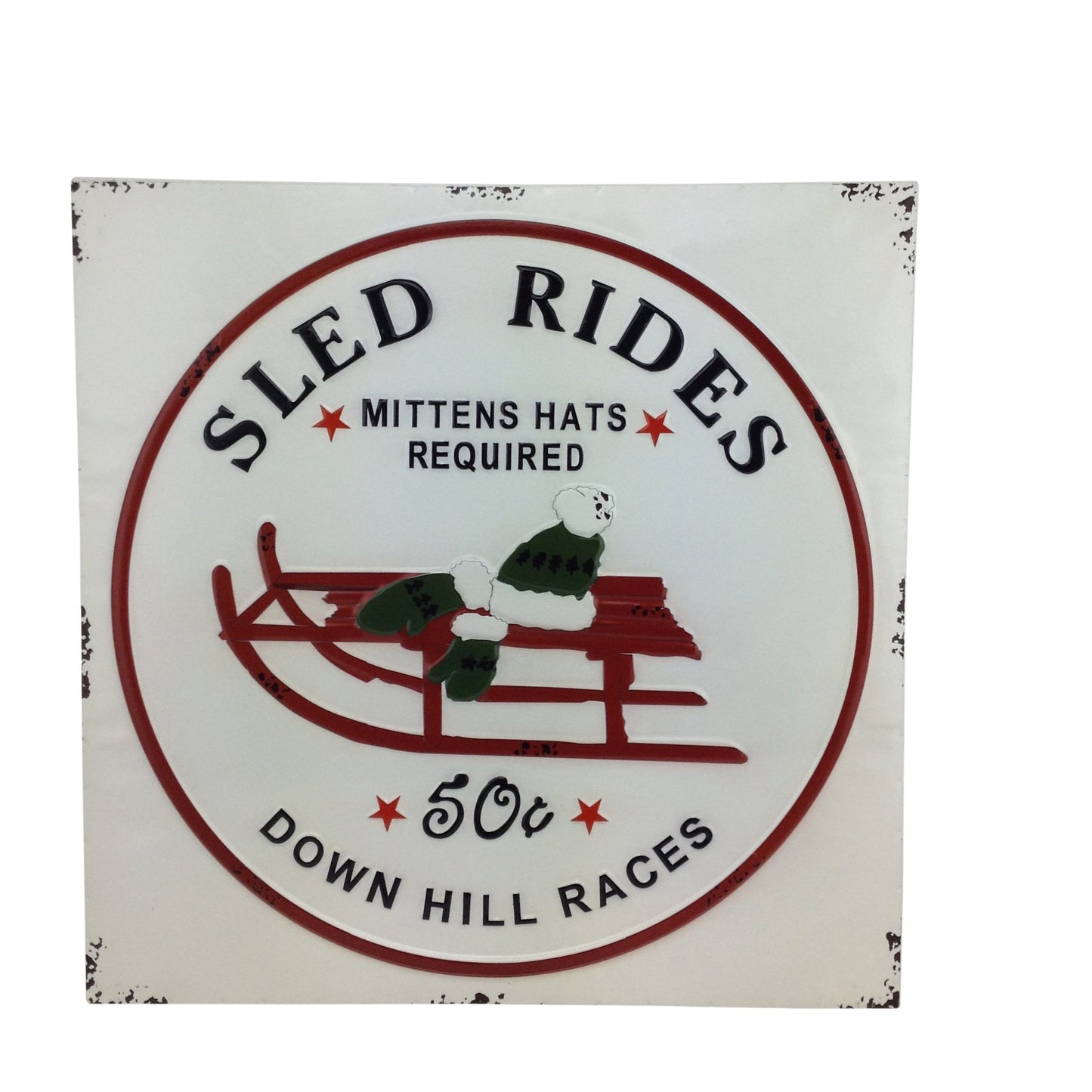 White Enamel Santa Sled Rides Sign