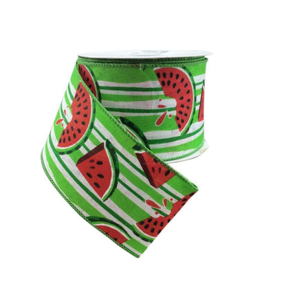 White And Lime Stripe Linen Wired Ribbon With Juicy Watermelons