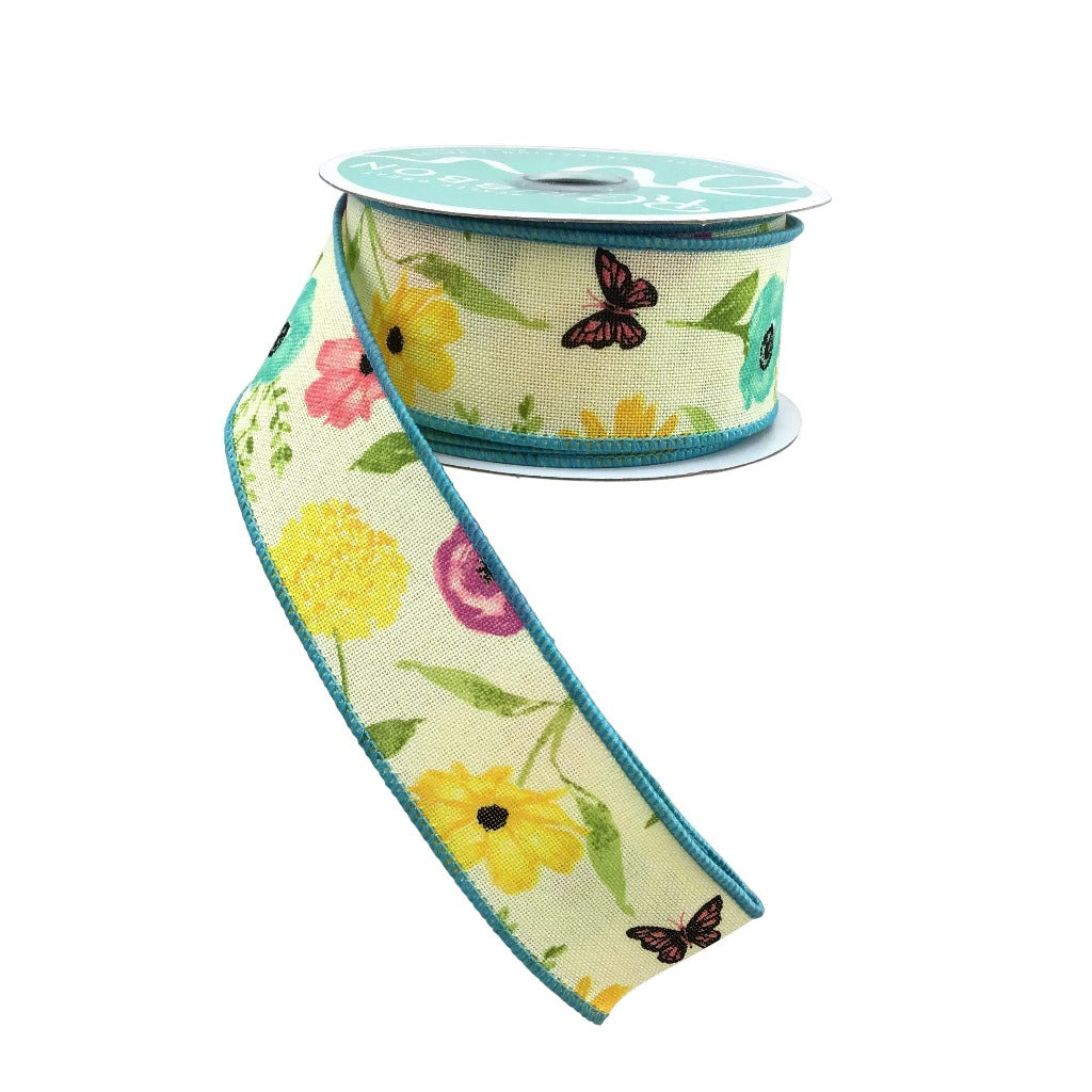 1.5 Inch By 10 Yard Wildflowers And Butterfly Cream Ribbon