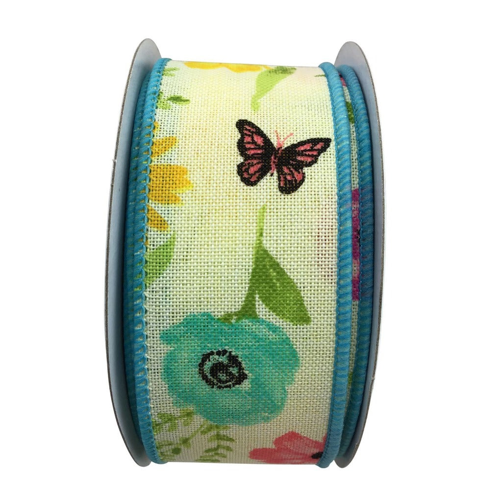 1.5 Inch By 10 Yard Wildflowers And Butterfly Cream Ribbon